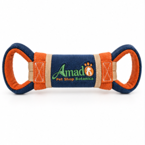 Reinforced canvas firehose-style dog tug toy in navy blue and burnt orange, front view with embroidered logo
