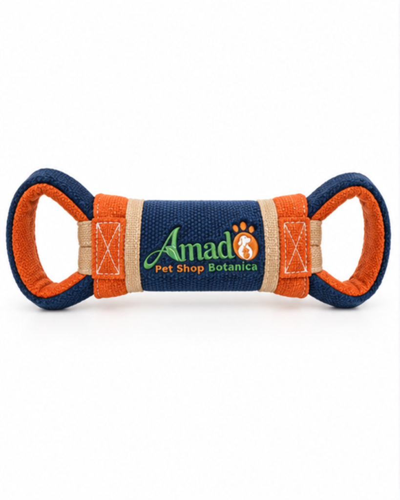 Reinforced canvas firehose-style dog tug toy in navy blue and burnt orange, front view with embroidered logo