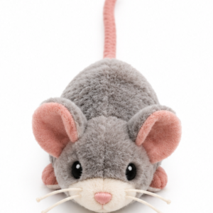 Catnip-filled plush mouse cat toy in ash gray with dusty pink ears, front view