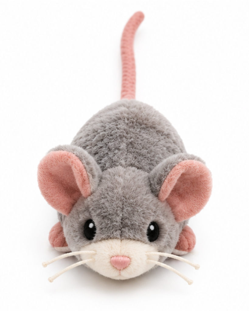 Catnip-filled plush mouse cat toy in ash gray with dusty pink ears, front view