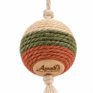 Hanging sisal scratching ball cat toy in sand beige, olive green and terracotta, front view with wooden end cap