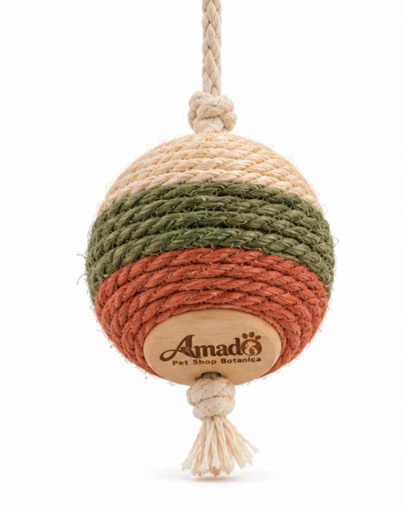 Hanging sisal scratching ball cat toy in sand beige, olive green and terracotta, front view with wooden end cap
