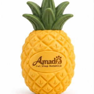 Natural rubber pineapple dog chew toy in golden yellow with a forest green crown, front view with molded logo panel