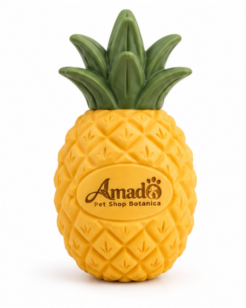 Natural rubber pineapple dog chew toy in golden yellow with a forest green crown, front view with molded logo panel