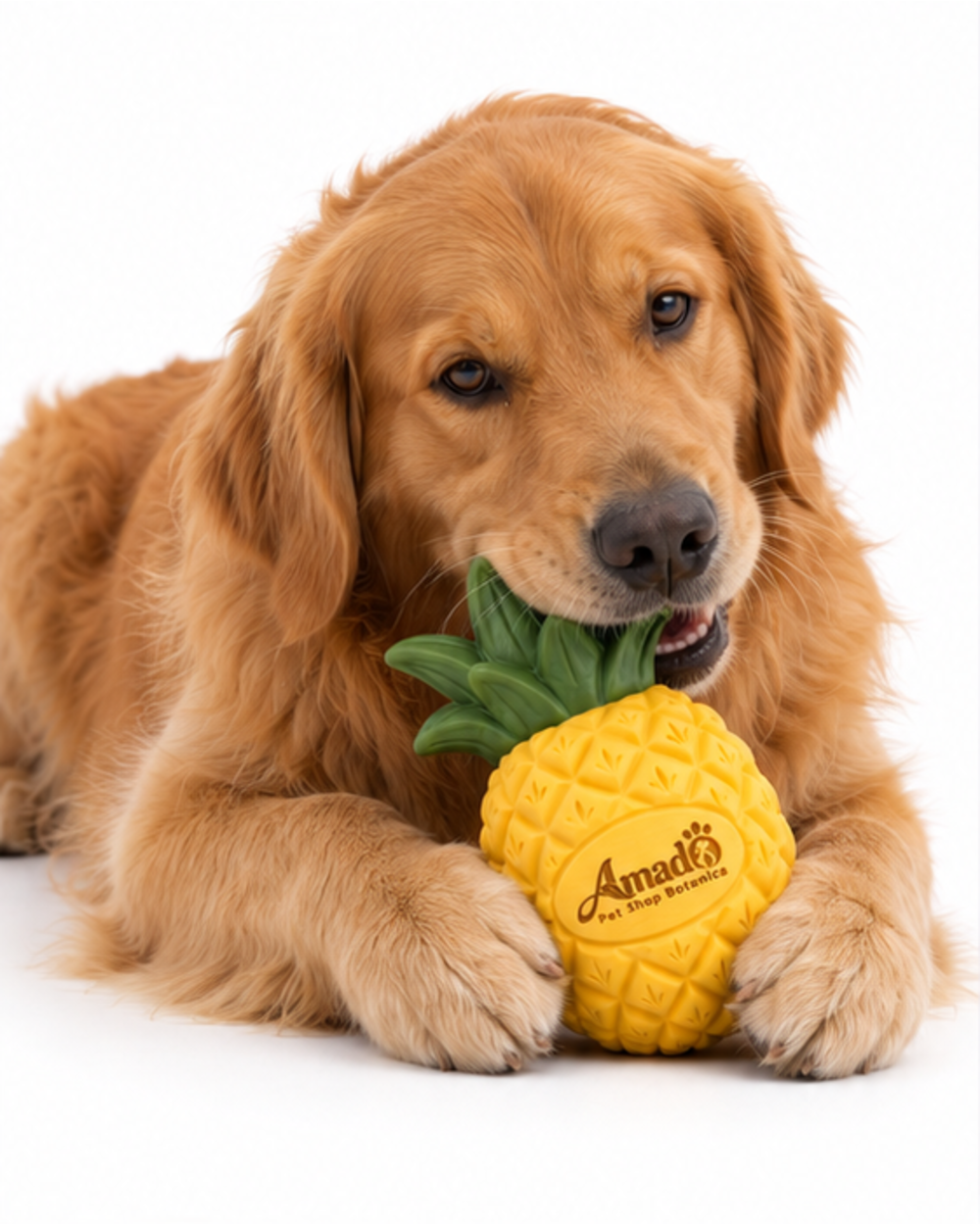 Golden retriever lying down with the rubber pineapple chew toy between its paws