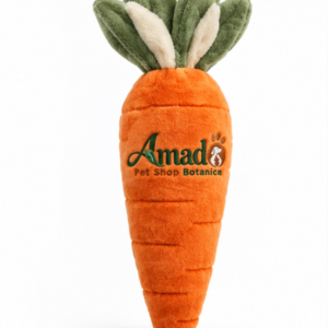 Plush catnip carrot kicker cat toy in burnt orange with sage green leaves, front view with embroidered logo