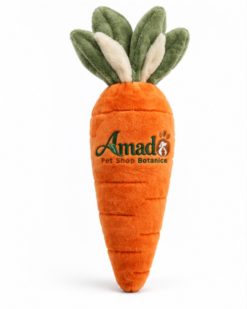 Plush catnip carrot kicker cat toy in burnt orange with sage green leaves, front view with embroidered logo