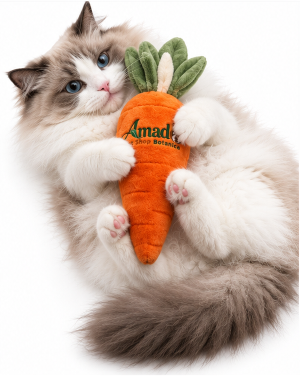 Long-haired white and gray cat lying on its back holding the plush carrot toy