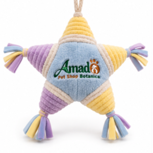 Plush crinkle star cat toy in powder blue, lemon yellow and lavender, front view with embroidered logo