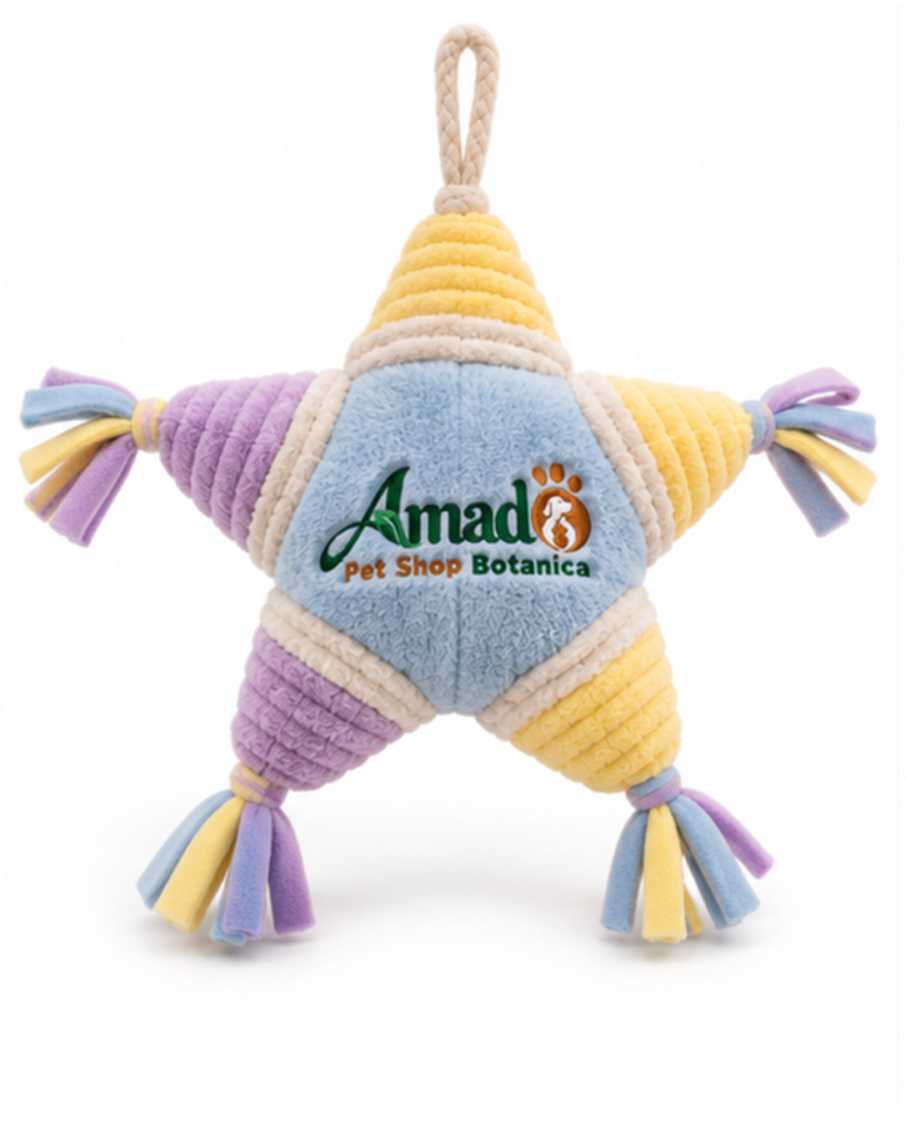 Plush crinkle star cat toy in powder blue, lemon yellow and lavender, front view with embroidered logo