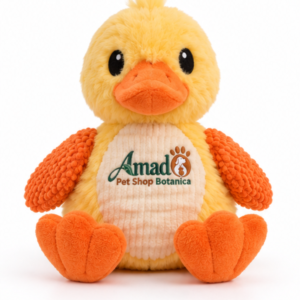 Plush squeaky duck dog toy in butter yellow with tangerine wings and feet, front view with embroidered chest logo