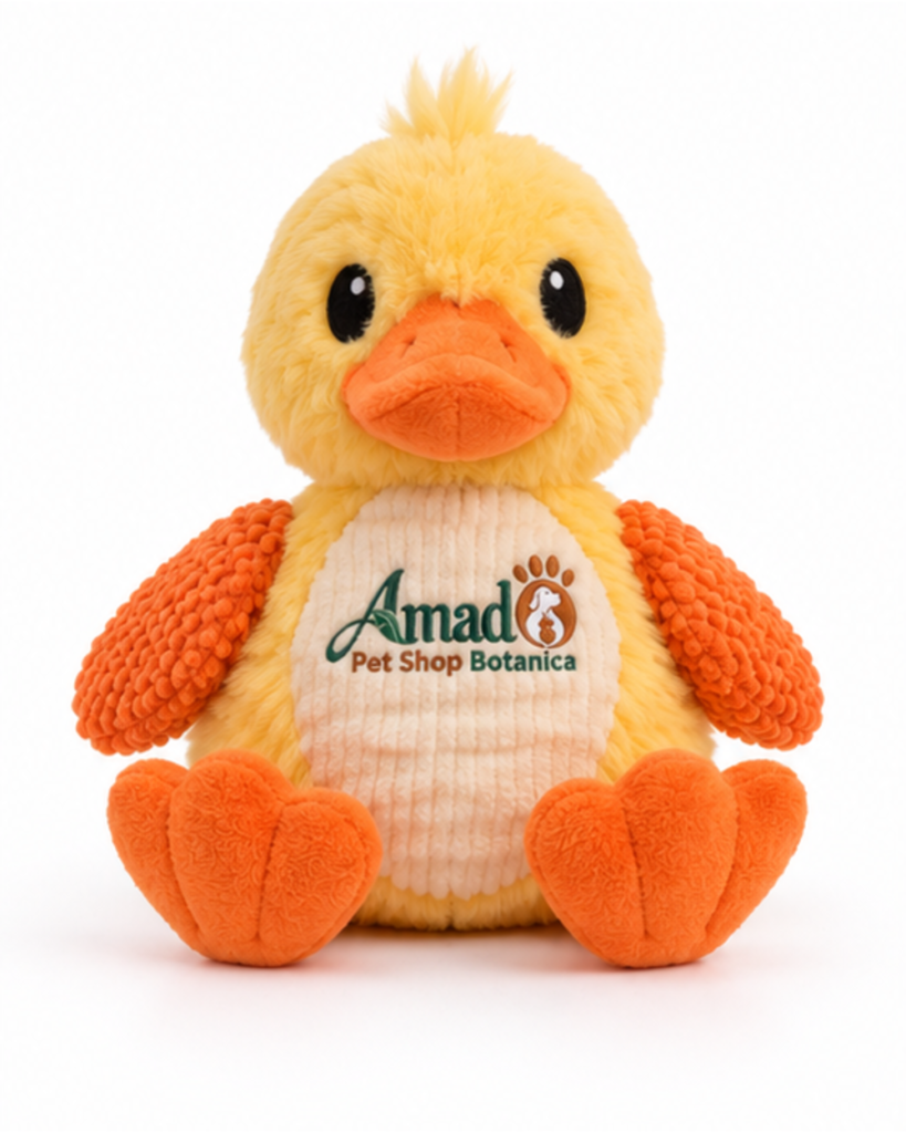 Plush squeaky duck dog toy in butter yellow with tangerine wings and feet, front view with embroidered chest logo