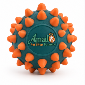 Textured rubber spiky dog ball in deep teal green with coral orange spikes, front view with molded logo