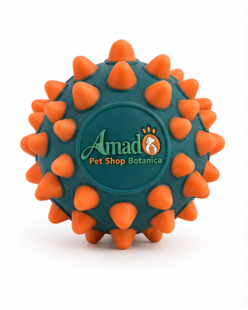 Textured rubber spiky dog ball in deep teal green with coral orange spikes, front view with molded logo